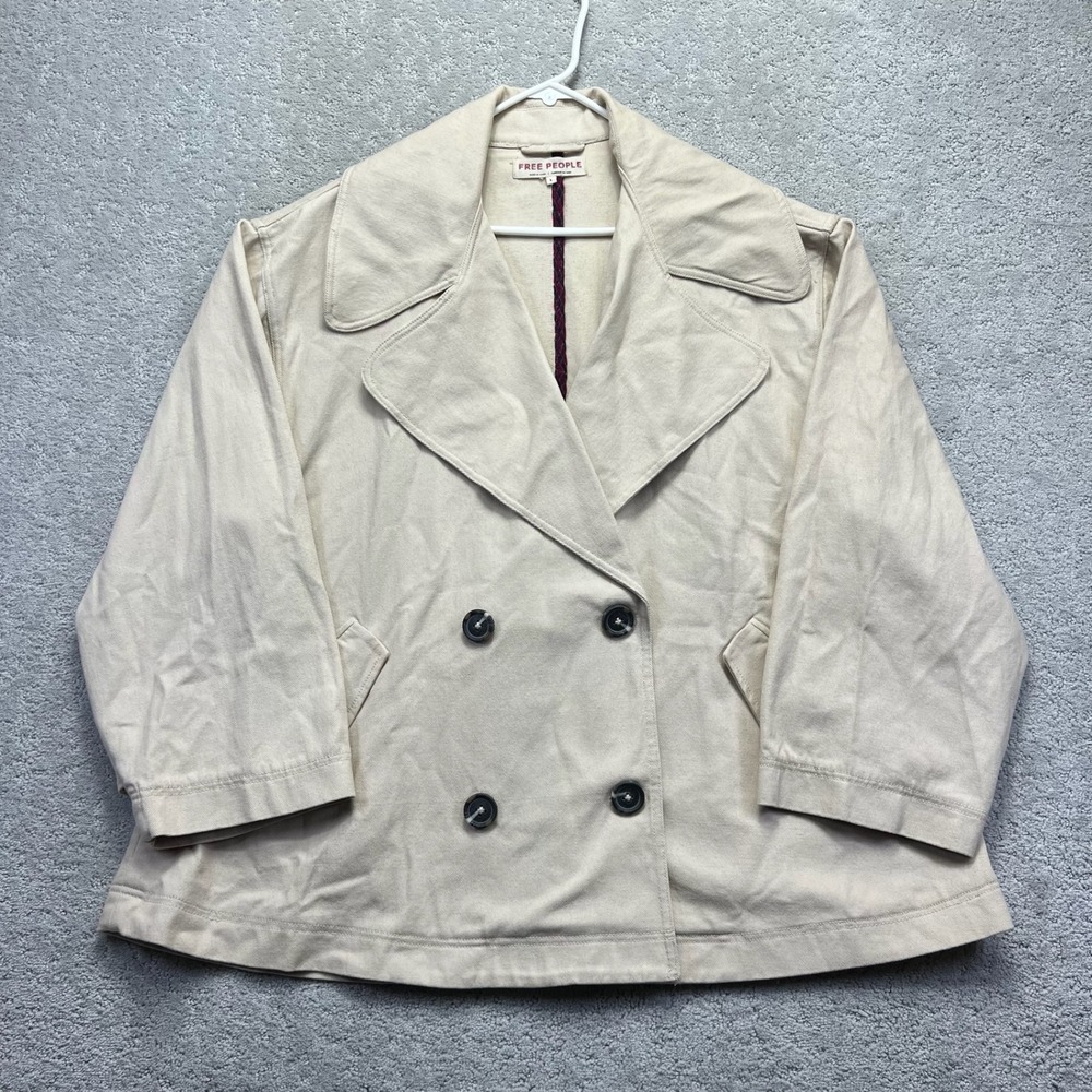 Free People Twill Jacket Womens Large Cream Beige Double Breasted Oversized Boxy